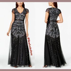NEW Adrianna Papell Cap-Sleeve Beaded Gown in Black/Gunmetal [SZ 2 ]‎